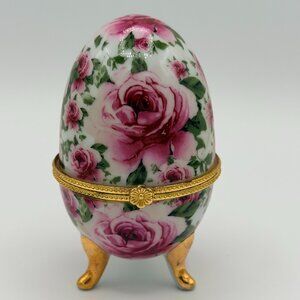 VTG Porcelain Egg Trinket Box | Pink Roses Floral Hinged Jewelry Box